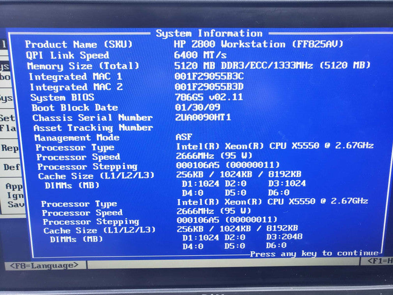 HP Z800 Workstation 2x Intel Xeon X5550 5GB DDR3 Nvidia Quadro FX 1800 GPU