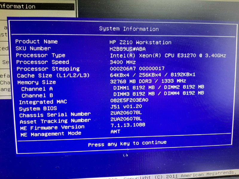 HP Z210 Workstation Xeon E3-1270 @ 3.4GHz 32GB RAM GPU No HDD