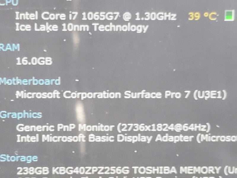 Microsoft Surface Pro 7 1866 i7-1065G7 1.3GHz 16GB RAM 256GB Storage (READ) |