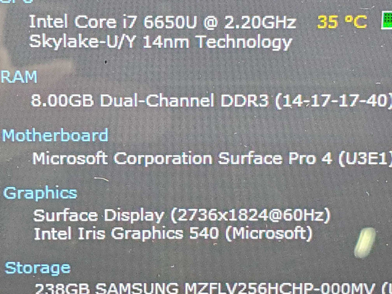 Microsoft Surface Pro 4 1724 i7-6650U 2.2GHz 8GB RAM 256GB Storage |