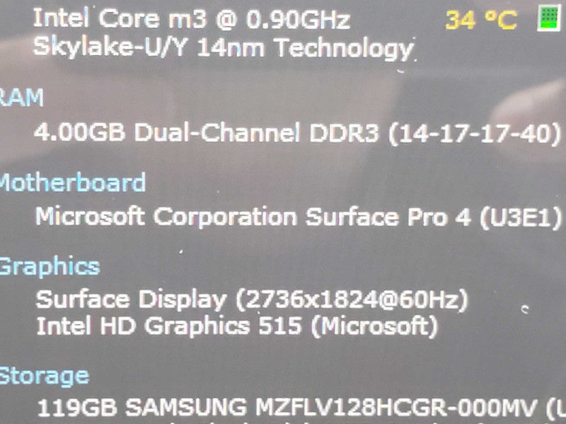 Microsoft Surface Pro 4 1724 Core m3 0.9GHz 4GB RAM 128GB Storage |