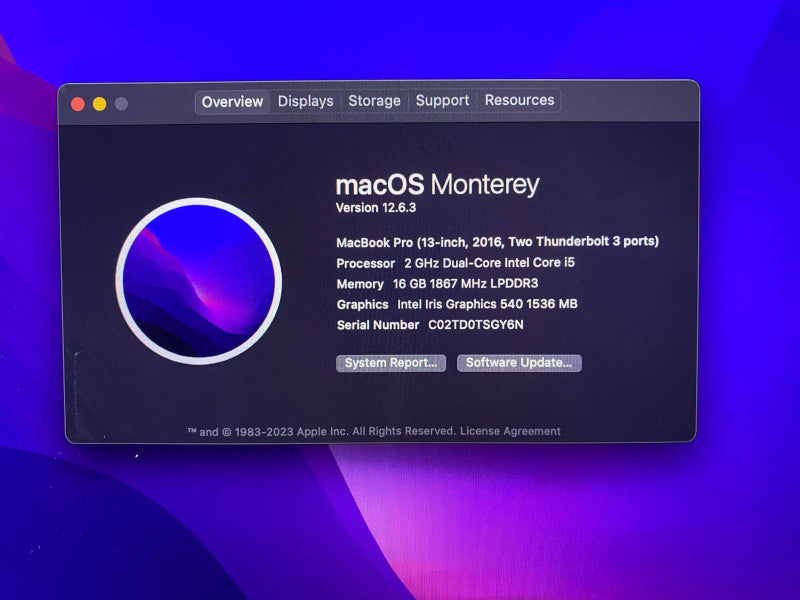 MacBook Pro 2016 13-inch with Intel i5 CPU 16GB RAM & 500GB Storage  -