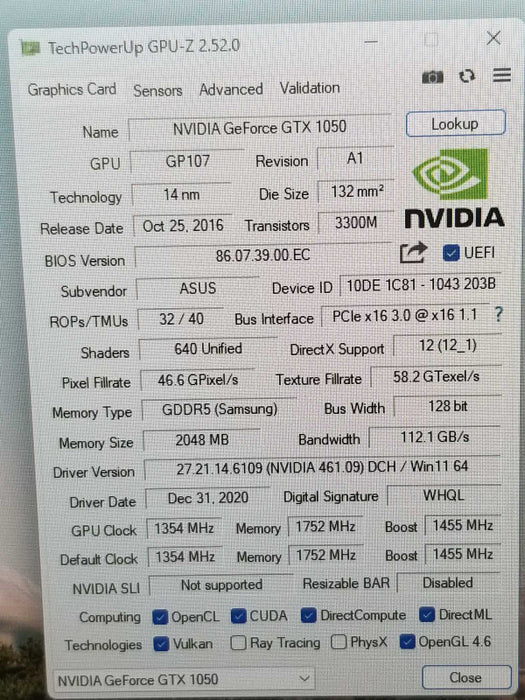 Asus Gtx 1050 2GB GDDR5, Tested 100% Working Great ~
