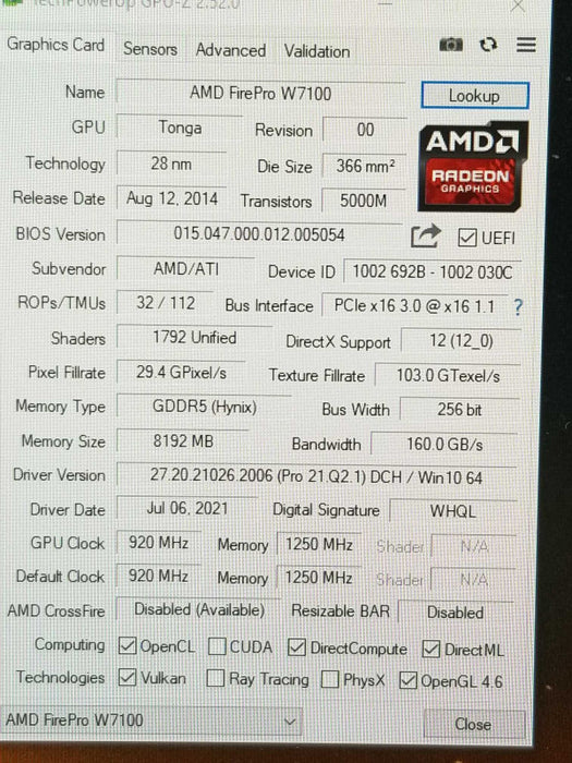 AMD FirePro W7100 8GB GDDR5 PCI-Express3.0x16 Video Card, 4x DP, 100% TESTED ~