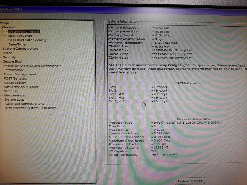Dell OptiPlex 7080 SFF Desktop i5-10500 3.1GHz 8GB DDR4 No HDD
