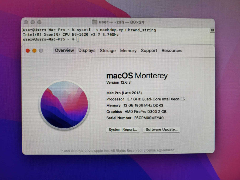 MacPro 2013 Xeon E5-1620 v2 @ 3.7GHz 12GB DDR3 1TB SSD 2x FirePro D300 2GB (