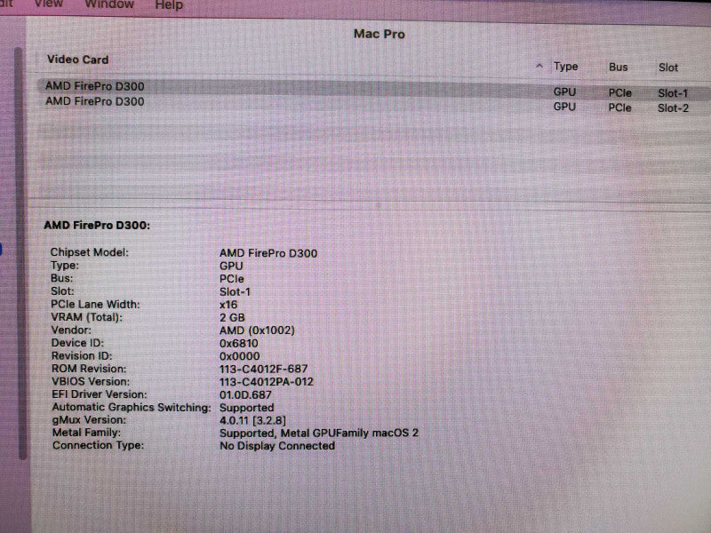 MacPro 2013 Xeon E5-1620 v2 @ 3.7GHz 12GB DDR3 1TB SSD 2x FirePro D300 2GB (