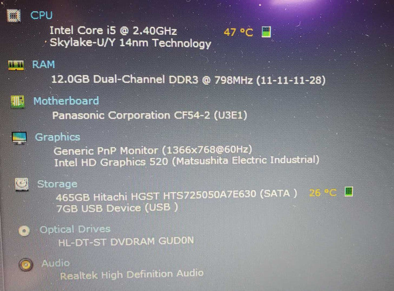 Panasonic ToughBook CF-54 Core i5-6300U @ 2.4GHz 12GB RAM 500GB HDD 5750 Hrs (