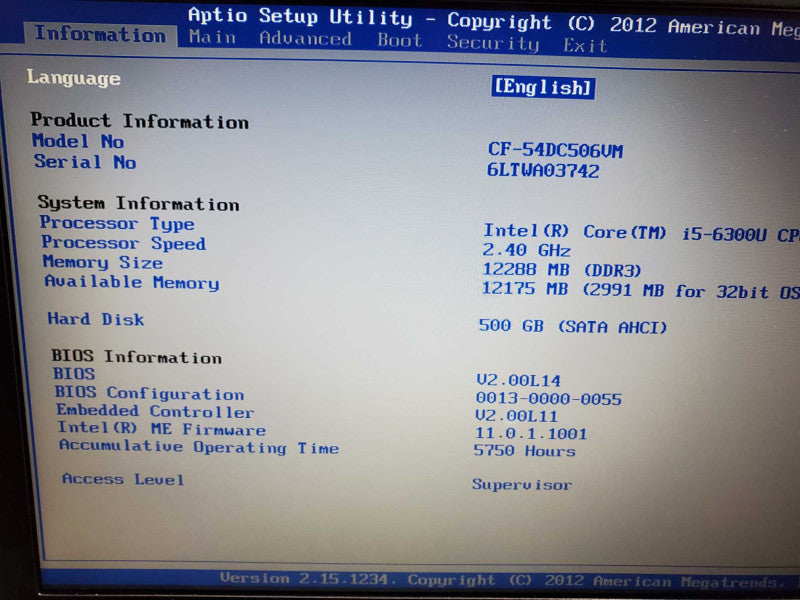 Panasonic ToughBook CF-54 Core i5-6300U @ 2.4GHz 12GB RAM 500GB HDD 5750 Hrs (