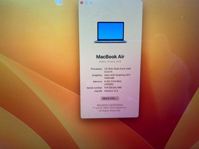 MacBook Air 13-inch 2019 with Intel i5 CPU 8GB RAM & 120GB Storage  -