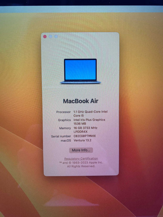 MacBook Air Retina 2020 13-inch with Intel i5 CPU 16GB RAM & 250GB Storage  -
