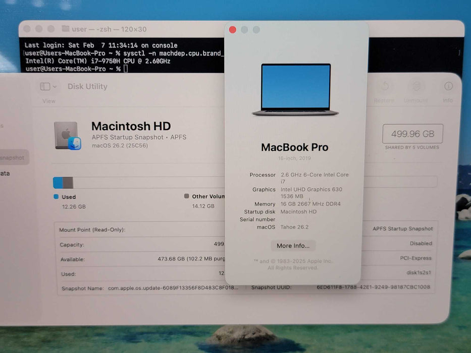 Apple Macbook Pro 2019 16" 6-Core i7-9750H @ 2.6GHz 16GB RAM 500GB SSD GPU (
