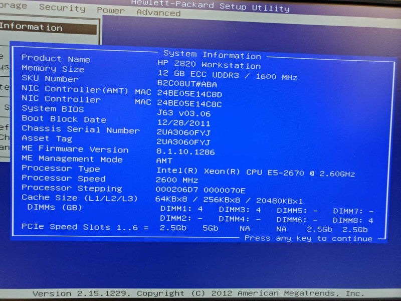 HP Z820 Workstation Xeon E5-2670 @ 2.6 GHz 12GB DDR3 No HDD/GPU (