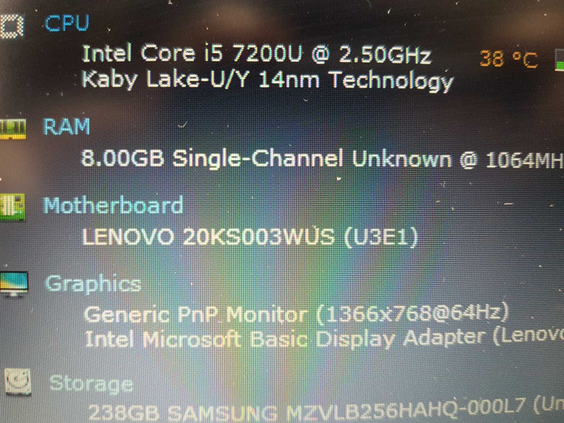 Lenovo Thinkpad E580 i5-7200u @ 2.50ghz / 8gb ram / 256gb ssd / 15.6\\" #