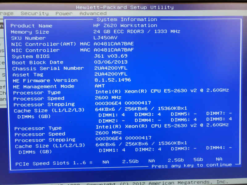 HP Z620 Workstation Xeon E5-2630 v2 @ 2.6GHz 24GB DDR3 No HDD/GPU (