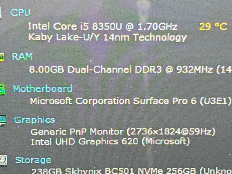 Microsoft Surface Pro 6 (1796) i5-8350U 8GB RAM 256GB Storage |
