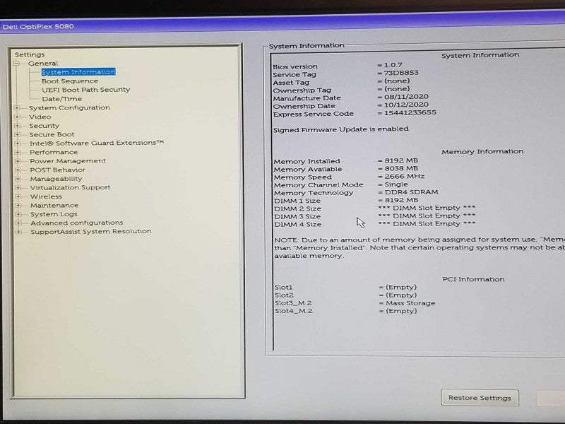 Dell Optiplex 5080, Core I5-10500 3.1GHz, 8GB DDR4, 3TB, Read _