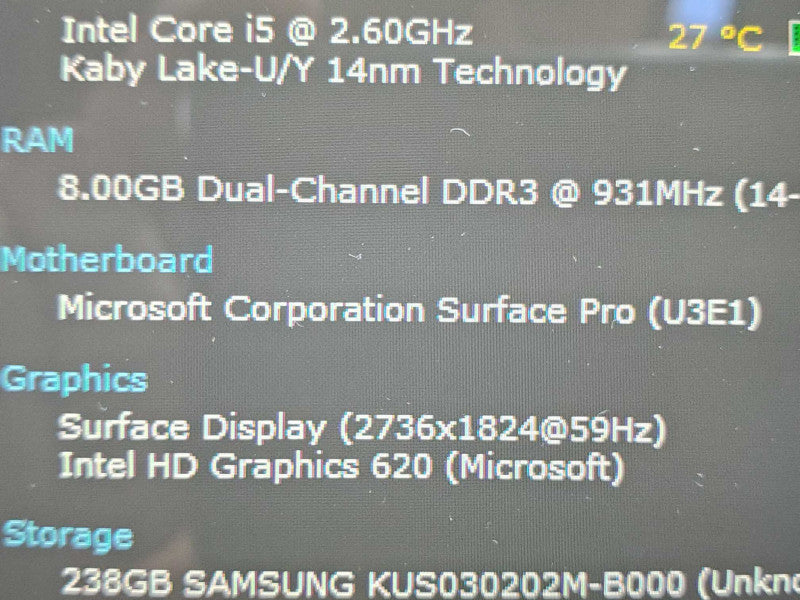 Microsoft Surface Pro 5 (1807) i7-7300U 8GB RAM 256GB Storage |