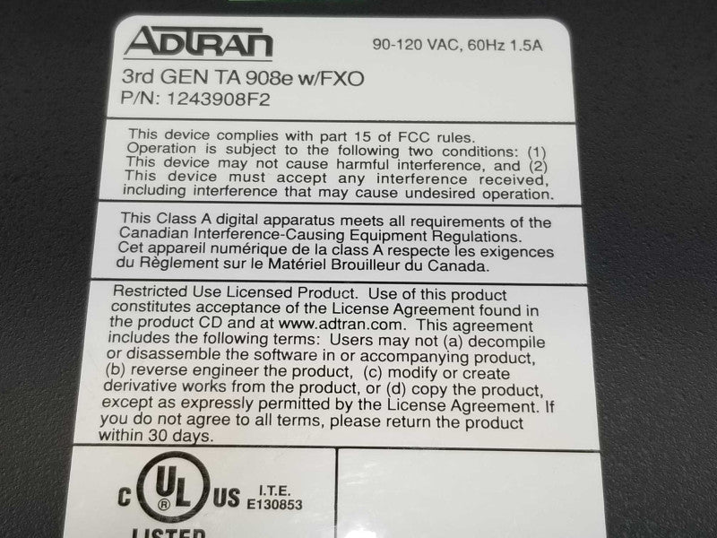 Adtran 1243908F2 Total Access 900e Router 3rd Gen TA 908e w/FX0 _