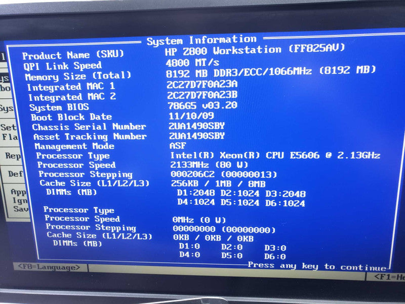 HP Z800 Workstation 1x Intel Xeon E5606 @ 2.13 GHz 8GB RAM Quadro NVS 295 )