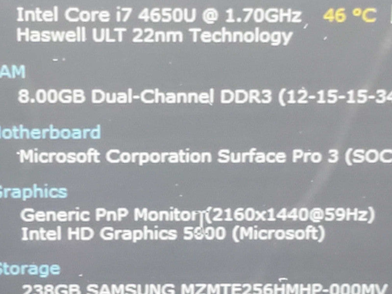 Microsoft Surface Pro 3 (1631) i7-4650U 8GB RAM 256GB Storage |