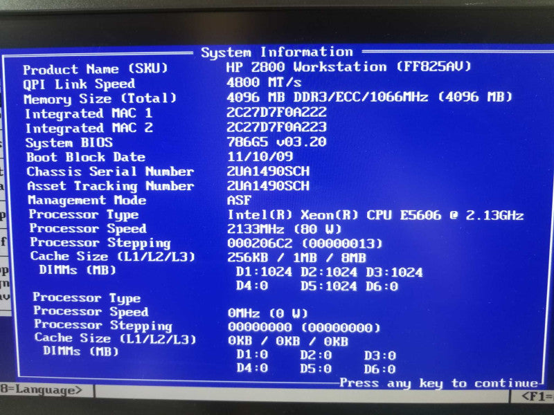 HP Z800 workstation Intel Xeon E5606 2.13Ghz, 4GB, 2 NVIDIA QUADRO NVS 295 ~