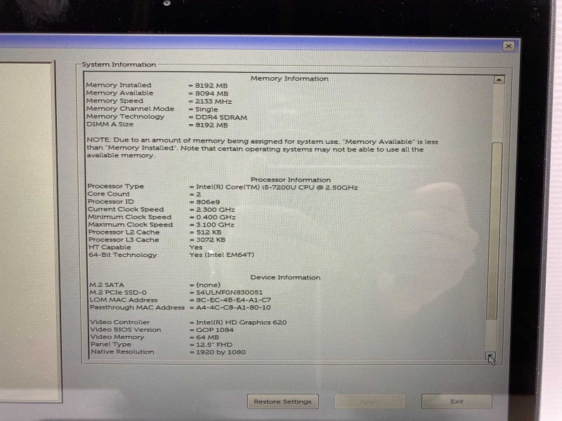 DELL Latitude 7280 with i5-7200U CPU 8GB RAM & 256GB SSD Storage  -