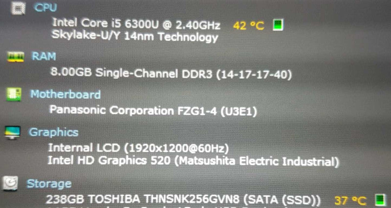 Panasonic FZ-G1 i5-6300U / 340 hours / 8gb ram / 256gb SSD / READ #