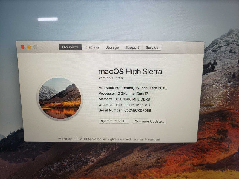 Apple Macbook Pro 15\\" Retina i7 4750HQ @ 2.00 GHz  8GB RAM 250GB HDD )