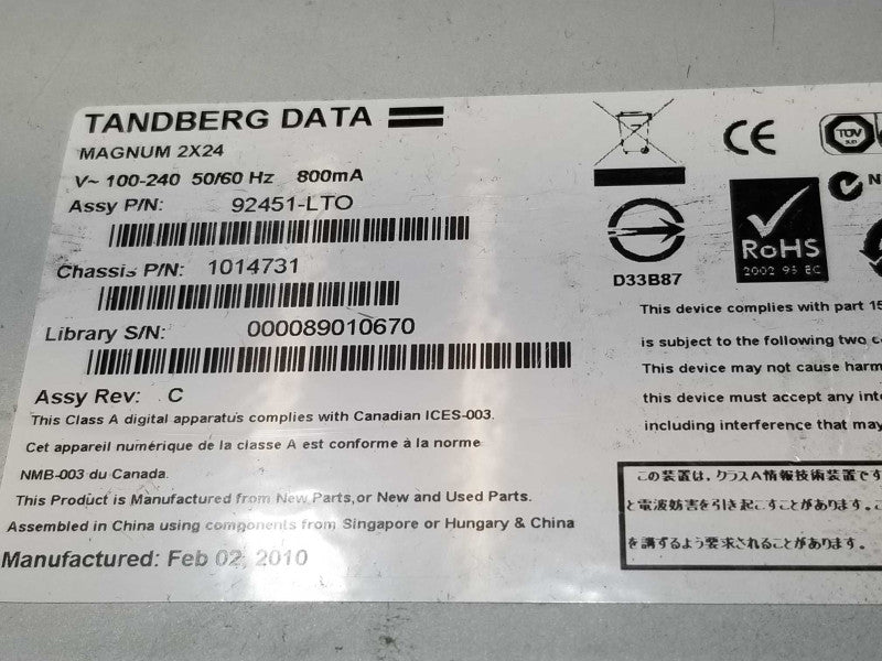 TANDBERG DATA MAGNUM 2X24 92451-LTO HP Ultrium 6-SCSI 232U, Read _