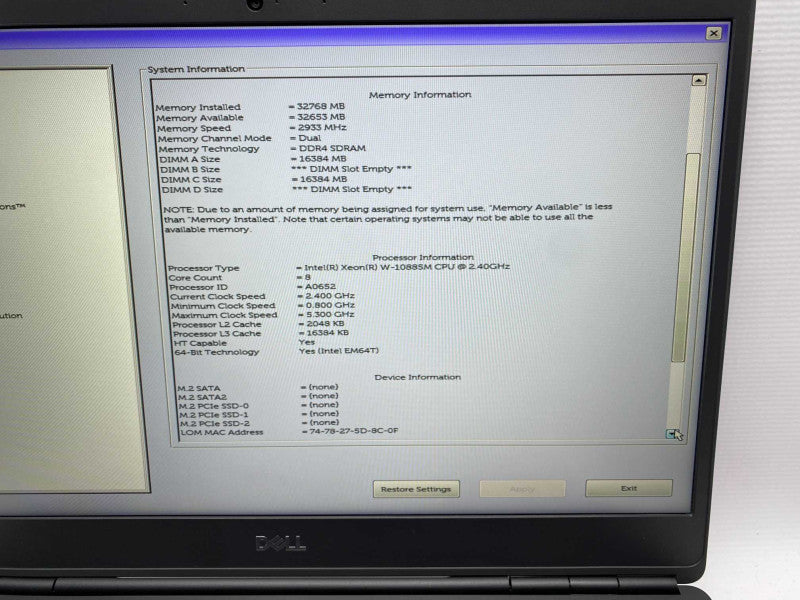 DELL Precision 7550 with Intel XEON W-10885M CPU 32GB RAM READ  -