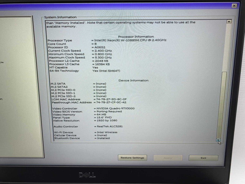 DELL Precision 7550 with Intel XEON W-10885M CPU 32GB RAM READ  -
