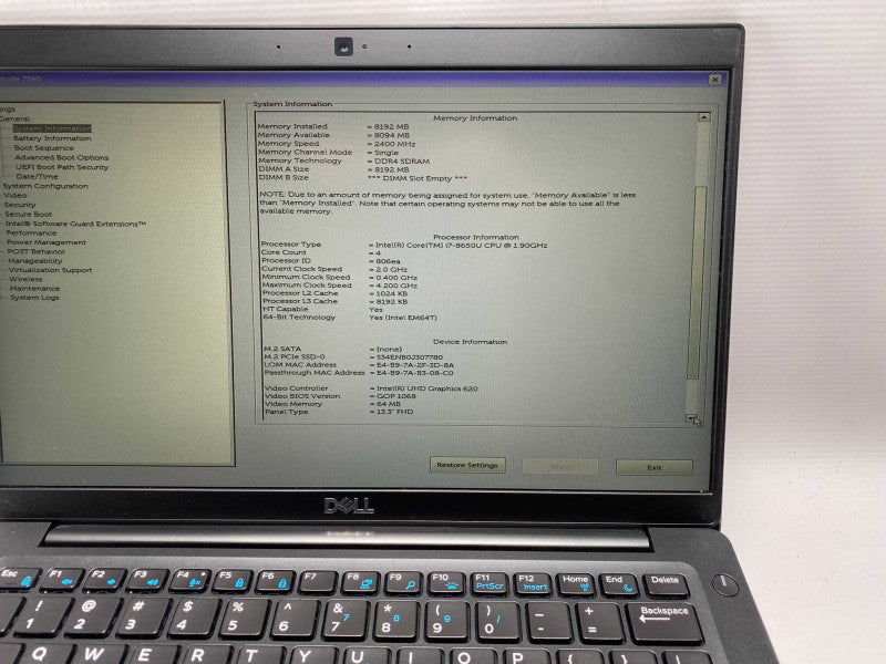 DELL Latitude 7390 with i7-8650U CPU 8GB RAM & 256GB SSD Storage  -