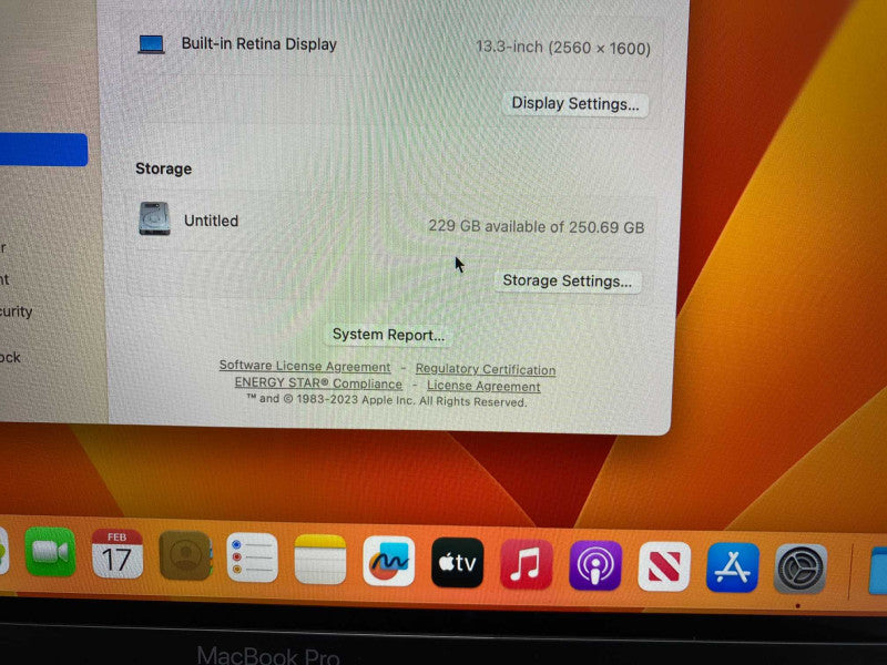 MacBook Pro 13-inch Touchbar 2019 with Intel i5 CPU 8GB RAM & 250GB Storage  -