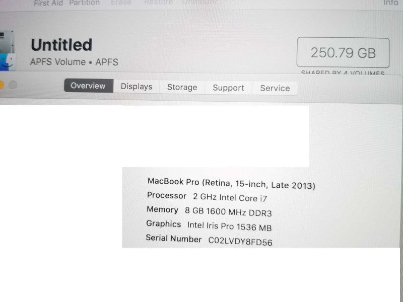 MacBook Pro 15.4\\" - L.2013 A1398, i7-4750HQ 2.0GHz QC/8GB, Iris Pro, 250GB HDD ~