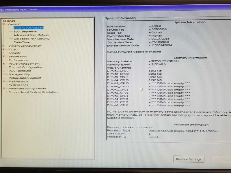 Dell Precision 7820, Xeon Bronze 3104 1.7GHz, 32GB DDR4, 2TB HDD, P400 GPU _