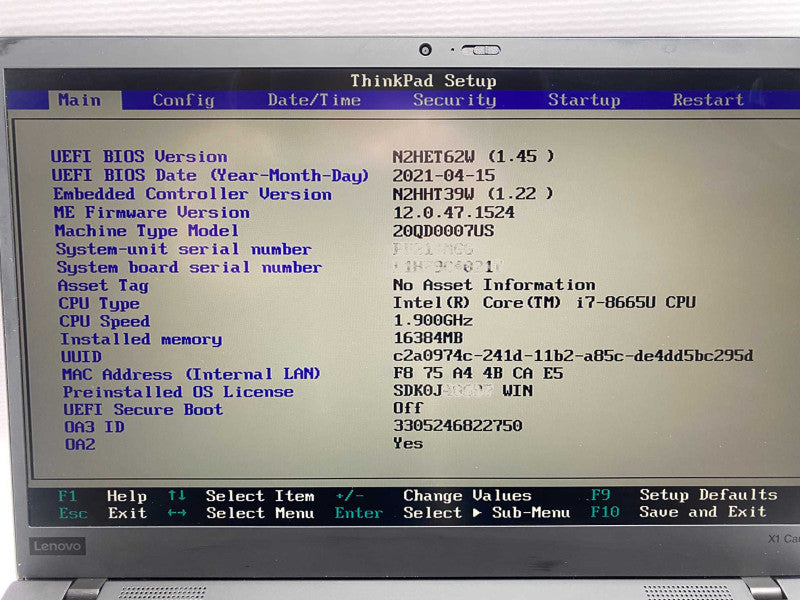Lenovo ThinkPad X1 Carbon 7th gen with Intel i7-8665U CPU 16GB RAM & 512GB SSD -