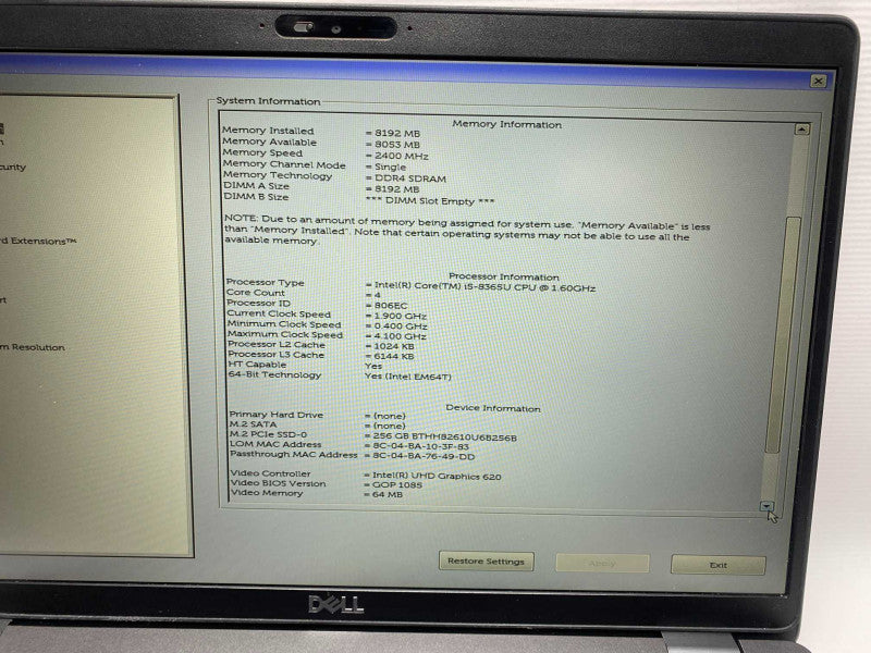 DELL Latitude 5500 with i5-8365U CPU 8G BRAM & 256GB SSD Storage  -
