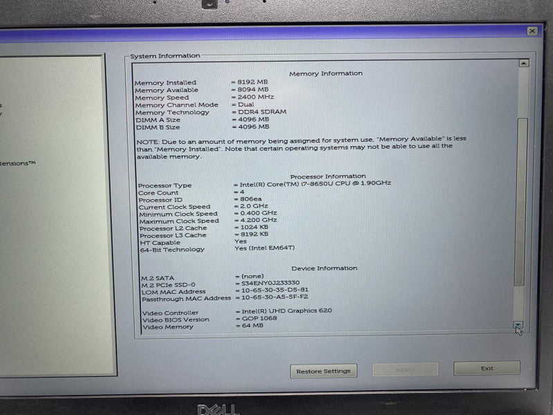 DELL Latitude 7490 with i7-8650U CPU 8GB RAM & 256GB SSD Storage  -