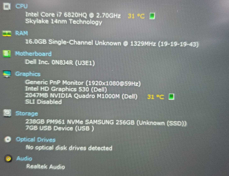 Dell Precision 5510 Core i7-6820HQ @ 2.7GHz 16GB DDR3 250GB SSD Quadro M1000 2GB (