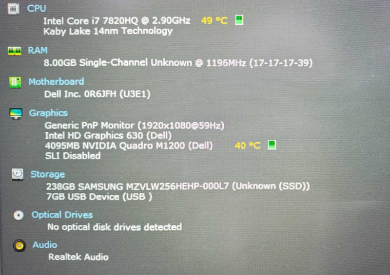 Dell Precision 5520 Core i7-7820HQ@ 2.9GHz 8GB DDR4 250GB SSD Quadro M1200 4GB (