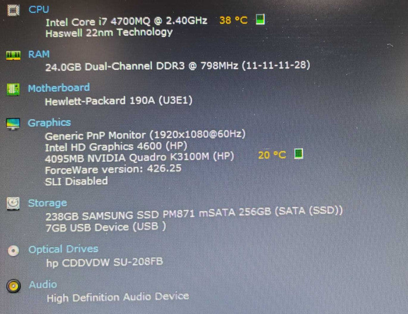 HP ZBook 17\\" Core i7-4700MQ @ 2.4GHz 24GB DDR3 250GB SSD Quadro K3100M 4GB (