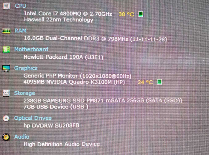 HP ZBook 17\\" Core i7-4800MQ @ 2.7GHz 16GB DDR3 250GB SSD Quadro K3100M 4GB (