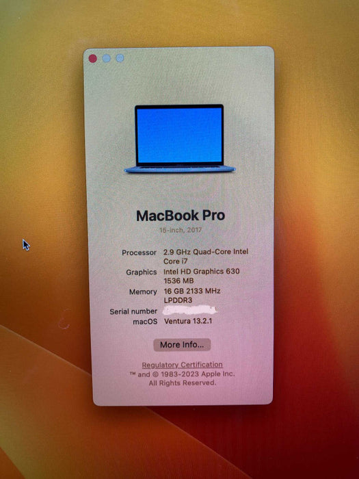 MacBook Pro 15-inch TouchBar 2017 with Intel i7 CPU 16GB RAM & 500GB Storage -