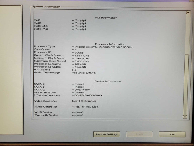 Dell OptiPlex 3060 Core i3-8100 @ 3.6GHz 8GB DDR4 No HDD (