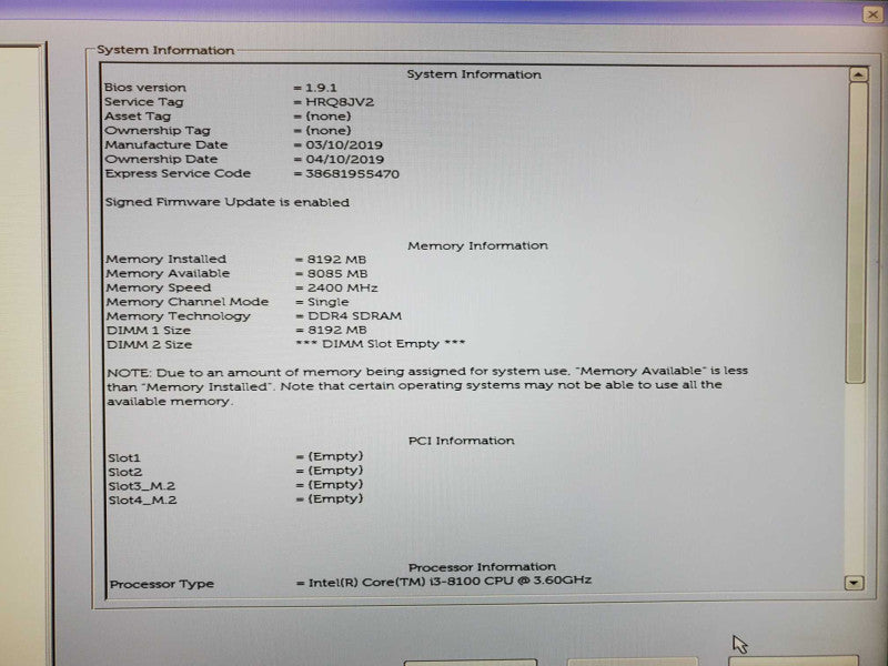 Dell OptiPlex 3060 Core i3-8100 @ 3.6GHz 8GB DDR4 No HDD (