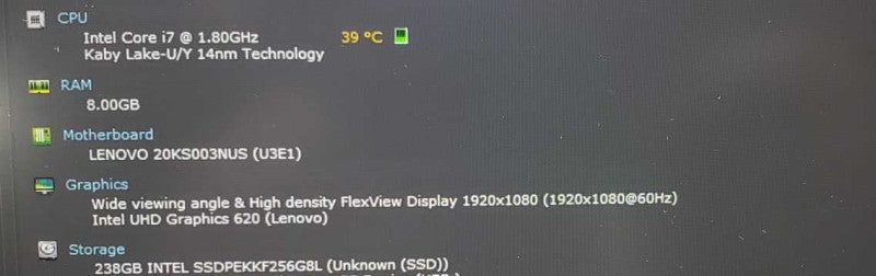 Lenovo ThinkPad E580 i7-8550U 8GB RAM 250 GB SSD *READ* )