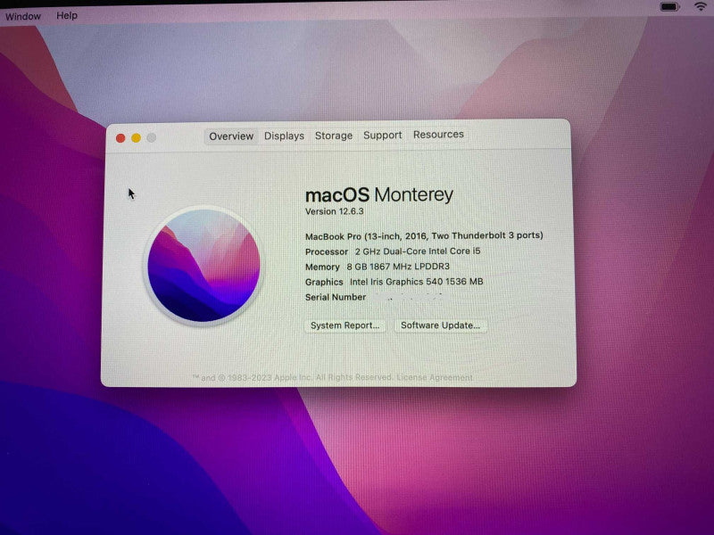 2016 MacBook Pro 13-inch with Intel i5 CPU 8GB RAM & 250GB Storage  -