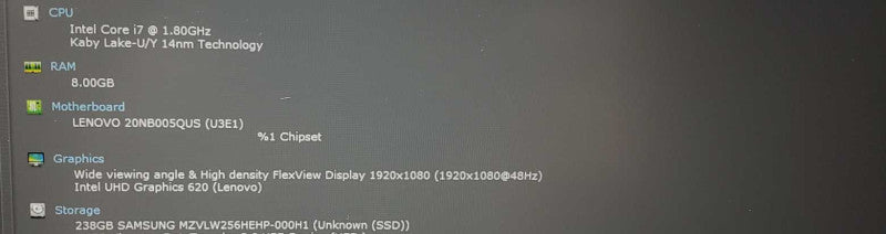 Lenovo thinkpad E590 i7 8565U 8 GB RAM 250 GB SSD )