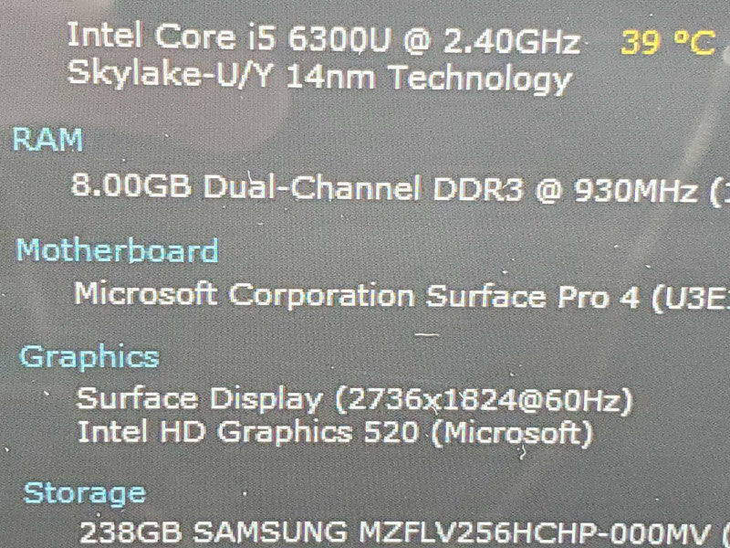 Microsoft Surface Pro 4 (1724) i5-6300U 8GB RAM 256GB Storage |